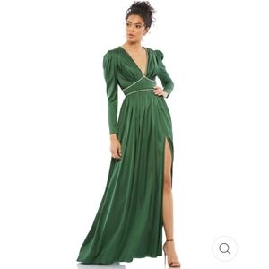Mac Duggal Emerald Green Crystal Satin Empire Waist Long Sleeve Gown, Size 4